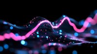 Glowing pink wave pattern with scattered blue light particles on dark background creates futuristic data visualization effect for technology designs.