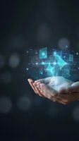 Open palm holding glowing digital network structure with interconnected nodes and data visualization against dark blurred background. Represents technology innovation, artificial intelligence, cloud computing, and digital transformation for business solutions.