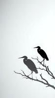 Two herons perched on a bare branch with their shadows cast on a light background, creating a minimalist composition suitable for nature and wildlife themes.