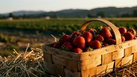 Fresh ripe strawberries in wicker basket on farm field during golden hour sunset harvest time for organic agriculture and healthy eating.