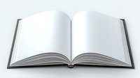 Open blank book with white pages and black hardcover lying on white background, isolated mockup for designers and publishers.