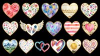 Watercolor heart collection with gold borders, isolated on transparent background. Floral, geometric, striped, and paisley designs for stickers, T-shirts, and print on demand.