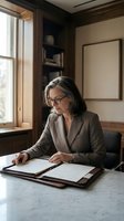 Mature Caucasian businesswoman in glasses reviewing documents at wooden desk in modern office with natural lighting for professional consulting work.