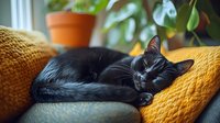 Black cat sleeping peacefully on yellow knitted couch with natural window light, houseplants in background creating cozy home atmosphere.