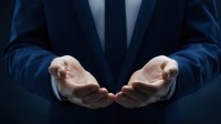 Businessman in navy suit holding hands open, offering partnership or support in professional negotiation against dark background.