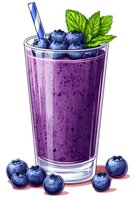 Fresh blueberry smoothie in glass with mint garnish and striped straw isolated on white background for healthy drink designs and nutrition concepts.