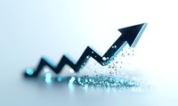 Black arrow graph moving upward with glowing blue particles effect on light background, representing business growth and digital transformation success.