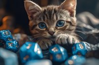 Adorable tabby kitten with bright blue eyes playing with blue gaming dice on cozy surface. Perfect for pet care, gaming content, and lifestyle designs.