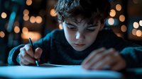 Young boy in dark blue sweater writing or drawing with focused expression, illuminated by soft bokeh lights in background, creating atmospheric evening mood.