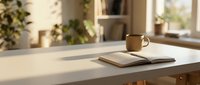 Minimalist workspace with open notebook and steaming mug on wooden desk near window with natural light, suitable for business, productivity, and lifestyle content.