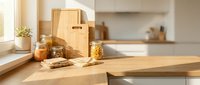 Eco-friendly kitchen counter with wooden cutting board, glass storage jars filled with grains and spices, natural lighting creating warm cooking atmosphere.