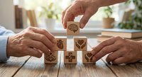 Business hands arranging wooden blocks with mental health icons including brain, heart, meditation symbols on office desk for wellness concept.