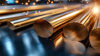 Metallic copper rods and bars with bright light reflection on dark surface, industrial raw materials background with glowing particles and bokeh effect.