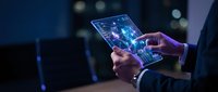 Businessman using futuristic holographic tablet with glowing digital interface and data visualization in modern office environment at night.