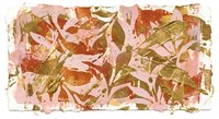 Abstract botanical composition with layered leaves in warm autumn tones of pink, orange and brown. Artistic nature pattern with organic textures and painterly effects.