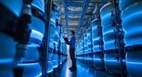 Asian male technician working in modern data center with blue LED lighting, checking server racks in network infrastructure facility. Professional IT environment.