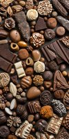 Assorted luxury chocolate pralines, truffles and candy background with dark, milk and white chocolate varieties featuring different shapes, textures and decorations.