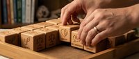 Hands arranging wooden alphabet blocks with letters and symbols on wooden surface, educational toy for learning and development activities.