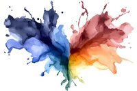 Abstract watercolor splash in vibrant rainbow colors with organic flowing shapes and paint splatters on white background for creative design projects.