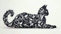 Black cat silhouette with intricate floral and swirl patterns inside, decorative ornamental design on white background, isolated illustration for creative projects.