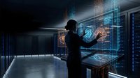 Professional woman interacting with futuristic holographic interface in modern data center with digital displays and server racks for technology concepts.