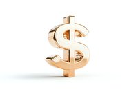 Golden dollar sign symbol on white background, metallic currency icon with reflective surface and soft shadow, isolated financial element for business designs.