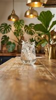 Water splash in glass on wooden table with tropical plants and copper pendant lights in modern kitchen interior for beverage photography.