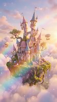 Floating fairy tale castle with rainbow and magical sparkles in dreamy pastel sky for fantasy storytelling and children's book illustration.