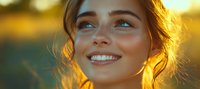 Young woman with radiant smile and glowing skin in golden sunset light, looking up with hopeful expression. Natural beauty portrait capturing genuine joy and warmth.