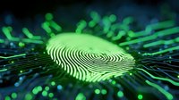 Digital fingerprint glowing green on futuristic circuit board with data streams for cybersecurity and biometric authentication technology concepts.