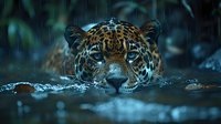 Jaguar swimming in dark water during rainfall, intense blue eyes staring at camera. Close-up portrait shows wet spotted fur and powerful predator expression.