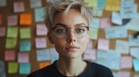 Young blonde businesswoman with glasses standing in front of colorful sticky notes wall in modern office environment for brainstorming and project planning.