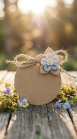 Rustic kraft paper gift tag with burlap flower decoration and twine bow on wooden surface with spring wildflowers in warm golden sunlight for crafting.