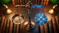 Digital justice scales balancing traditional law books with futuristic technology hologram representing legal innovation and cyber law evolution.