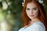 Young woman with long red hair wearing white lace dress and floral crown, looking at camera with soft expression against blurred green nature background.