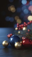 Festive Christmas ornaments in blue, red, and gold with pine branches on dark wooden surface against blurred bokeh lights background.