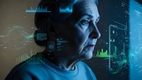 Senior businessman analyzing futuristic holographic data displays and digital charts in high-tech environment for business intelligence and analytics.