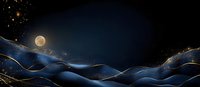 Mystical dark blue waves with golden lines and full moon against starry night sky create luxurious abstract landscape. Modern minimalist art style composition.