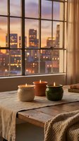 Cozy evening scene with three lit candles on wooden table by window overlooking illuminated city skyline at sunset for relaxation and home decor.