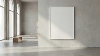Modern minimalist interior with blank white frame on concrete wall, wooden bench and large arched windows with natural sunlight for mockup design.