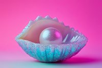 Iridescent seashell with pearl on pink background, magical underwater concept featuring turquoise glitter details and holographic effects, dreamy marine composition.