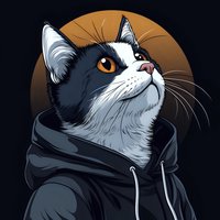 Black and white cat wearing dark hoodie gazing upward against orange moon background, artistic illustration with detailed fur texture and whiskers. Suitable for streetwear designs.