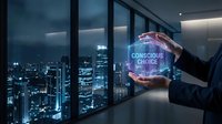 Business professional holding glowing conscious choice hologram in modern office overlooking city skyline at night for decision making concepts.