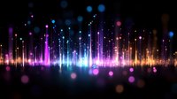 Glowing vertical light beams in blue, purple, and orange colors create magical aurora effect against dark background with bokeh particles and lens flares.