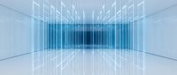 Digital corridor with converging blue lines creating depth and perspective in modern tech environment for business presentations.