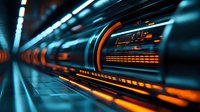 Futuristic server room with glowing orange lights and blue tint, network cables and equipment in data center showing modern technology infrastructure.