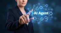 Professional businesswoman touching AI Agent holographic interface with connected network nodes on blue digital background for technology presentations.