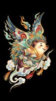 Cute flying hedgehog in ornate Asian-style armor with colorful wings and tassels, isolated on transparent background, great for stickers, t-shirt design, and print on demand.