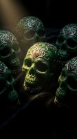 Ornate skulls with intricate floral patterns and heart motifs in green and gold tones arranged on dark background. Suitable for gothic, Halloween, Day of the Dead, and alternative design projects.