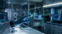 Hands interacting with holographic network connections in futuristic laboratory setting with digital technology interface and glowing data visualization.